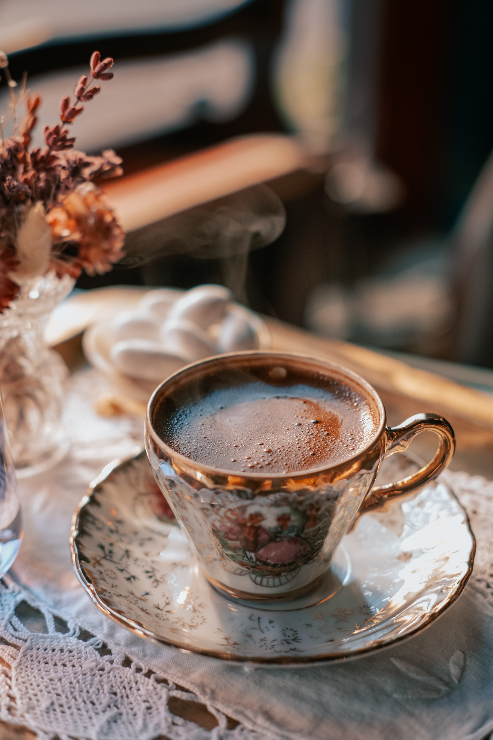 Turkish Coffee in Ceramic Cup on Saucer